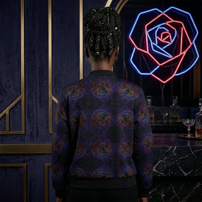 Rear view of the Nocturnal Sanctuary bomber jacket showing the symmetrical rose pattern alignment and structured fit on a model.
