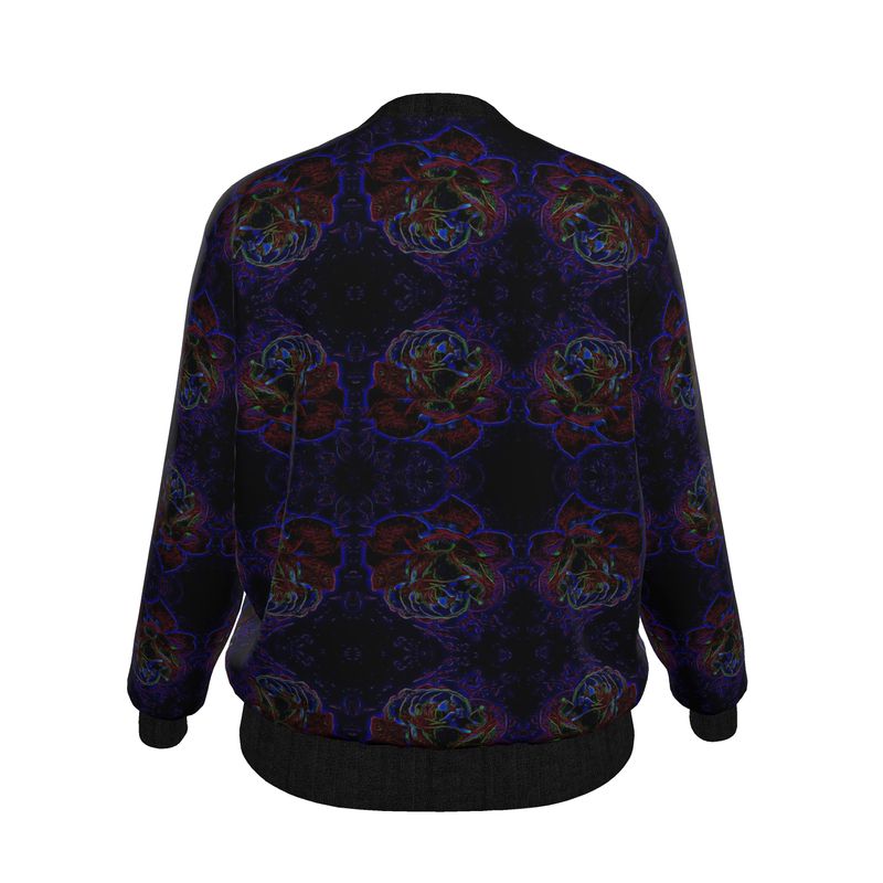 Full back view of the Nocturnal Sanctuary bomber jacket in studio lighting, showcasing the continuous archival floral pattern and black ribbing.