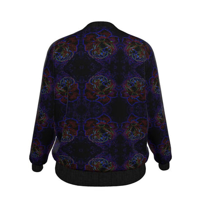 Full back view of the Nocturnal Sanctuary bomber jacket in studio lighting, showcasing the continuous archival floral pattern and black ribbing.
