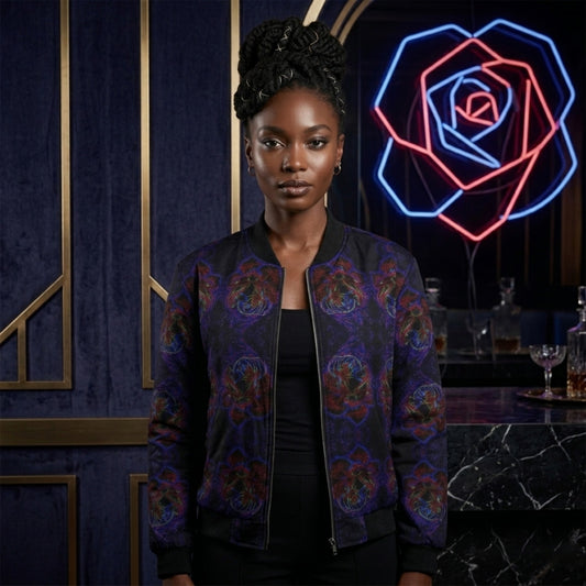 Front view of the Duchess Satin Bomber Jacket featuring the Nocturnal Sanctuary floral emboss pattern, modeled in an elevated boutique setting.
