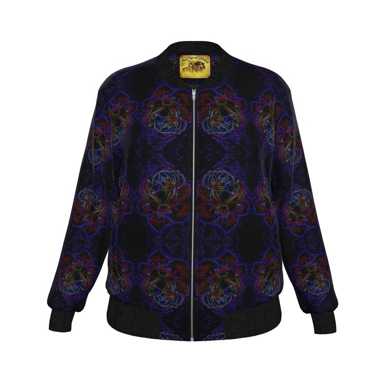 Flat studio front view of the Duchess Satin Bomber Jacket highlighting the vibrant blue and magenta botanical alchemy print on a black base.
