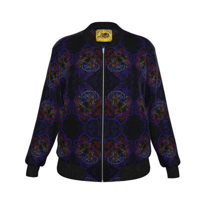 Flat studio front view of the Duchess Satin Bomber Jacket highlighting the vibrant blue and magenta botanical alchemy print on a black base.