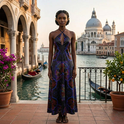 Front view of a model in the Nocturnal Sanctuary silk satin halterneck dress with a vibrant neon floral pattern against a scenic Venice canal backdrop.