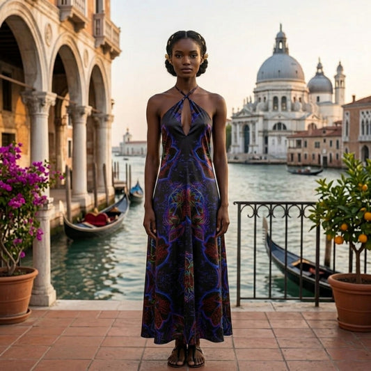 Front view of a model in the Nocturnal Sanctuary silk satin halterneck dress with a vibrant neon floral pattern against a scenic Venice canal backdrop.