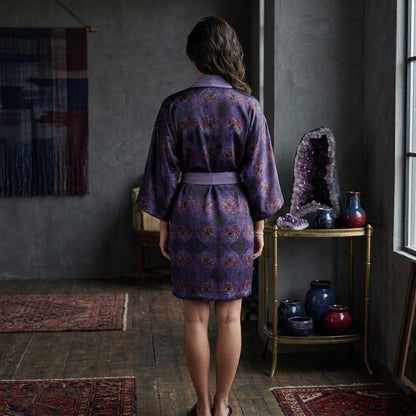 Back view of the Nocturnal Sanctuary silk kimono robe showcasing the symmetrical floral emboss design and elegant drape in a moody, interior setting.