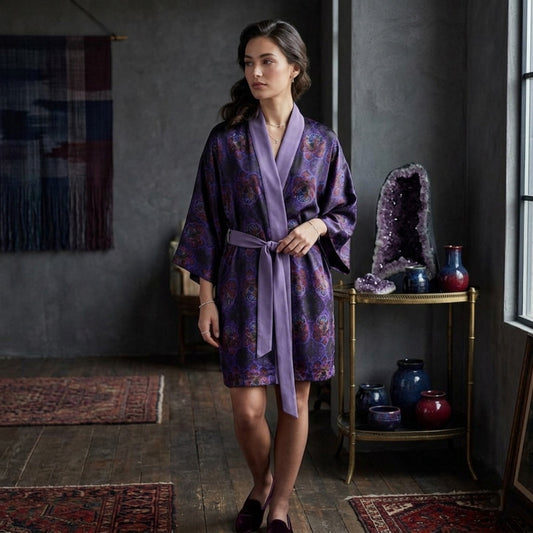 Front view of a woman wearing the Nocturnal Sanctuary silk satin kimono robe, featuring a dark purple floral pattern and a matching lavender waist tie.