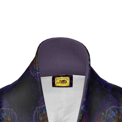 Close-up of the interior neck area of the silk robe, showing the branded "Time Reproof Portraits" label featuring a golden lion motif.