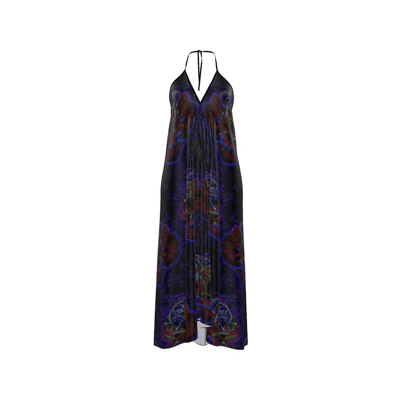 Studio product shot of the Floral Embosses (01) Nocturnal Sanctuary silk satin halterneck backless dress showing the full front pattern.