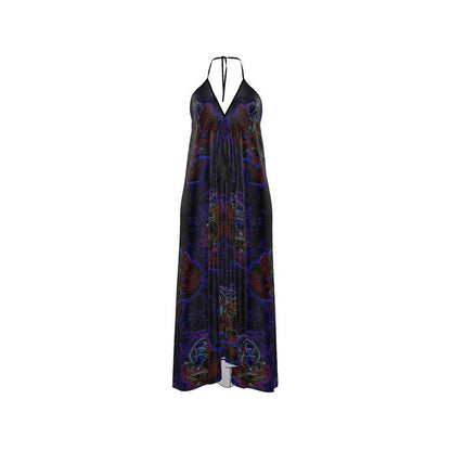 Studio product shot of the Floral Embosses (01) Nocturnal Sanctuary silk satin halterneck backless dress showing the full front pattern.