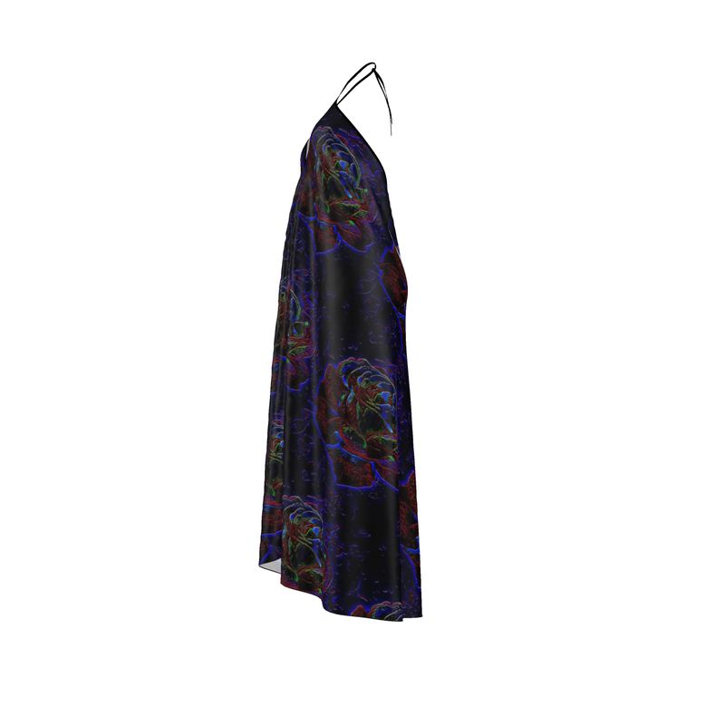 Left profile studio view of the Nocturnal Sanctuary silk satin backless dress, highlighting the fluid drape of the fabric and floral embossed motif.
