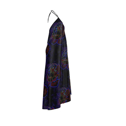 Right profile studio view of the Nocturnal Sanctuary silk satin halterneck dress, showcasing the intricate neon floral design on a dark base.