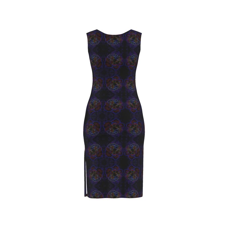 Studio back view of the Nocturnal Sanctuary sheath dress, highlighting the clean neckline and the subtle side leg slit.