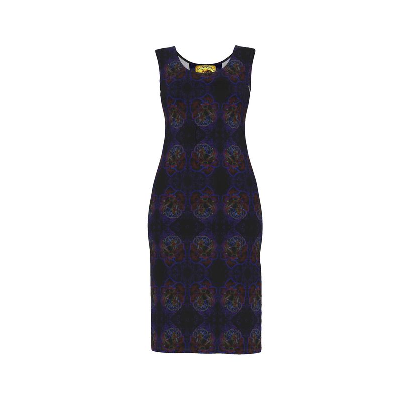 Front studio shot of the Nocturnal Sanctuary sheath dress, showing the sleeveless cut and symmetrical dark floral pattern on a white background.