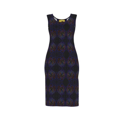 Front studio shot of the Nocturnal Sanctuary sheath dress, showing the sleeveless cut and symmetrical dark floral pattern on a white background.