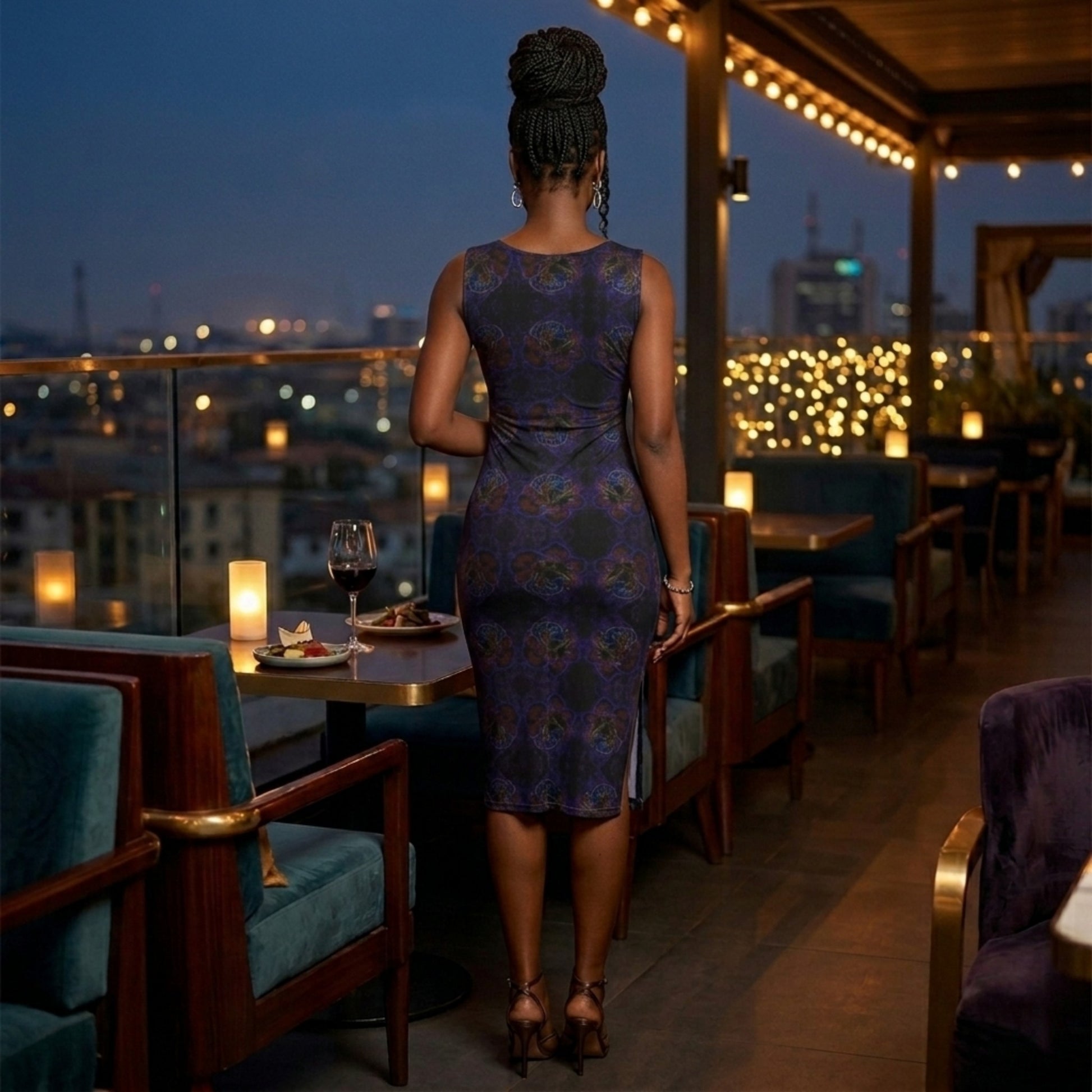Back view of a woman on a rooftop terrace wearing the form-fitting Nocturnal Sanctuary sheath dress with a side slit and intricate floral design.