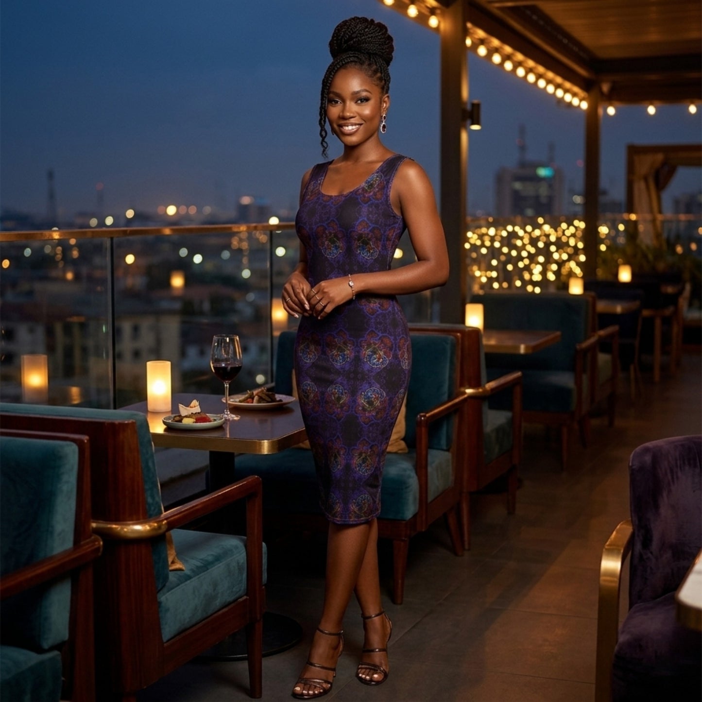 A woman stands on a rooftop at night wearing the Nocturnal Sanctuary sheath dress, featuring a dark purple and blue floral embossed pattern.