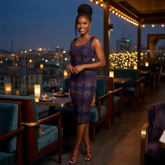 A woman stands on a rooftop at night wearing the Nocturnal Sanctuary sheath dress, featuring a dark purple and blue floral embossed pattern.