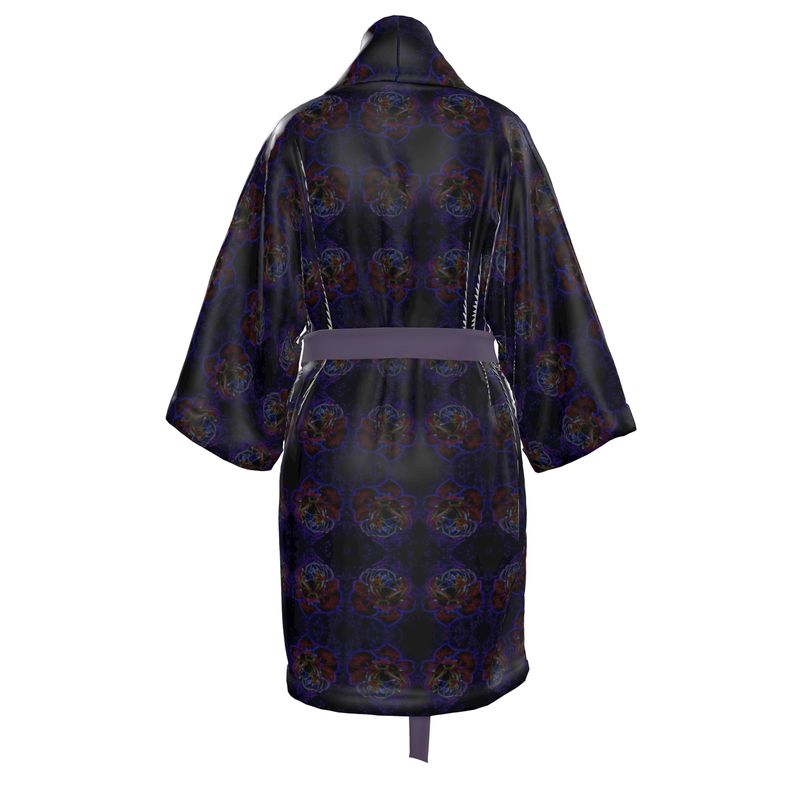 Studio back view of the Nocturnal Sanctuary kimono robe, highlighting the continuous floral motif and high-shine silk satin finish on a white background.