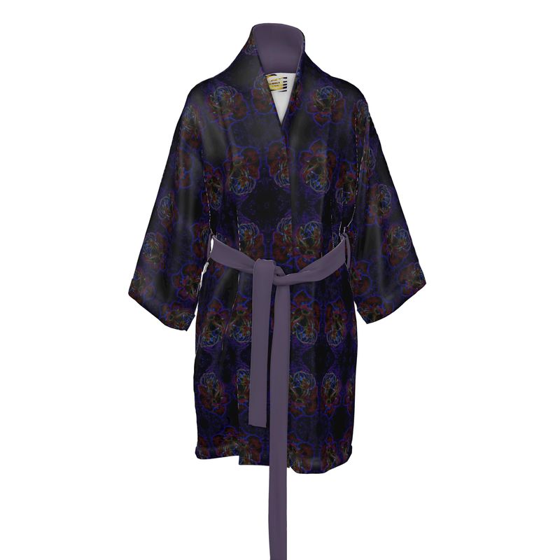 Studio front view of the Floral Embosses (01) silk satin kimono robe with a deep purple nocturnal pattern and a solid lavender collar and belt.
