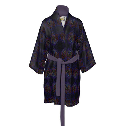 Studio front view of the Floral Embosses (01) silk satin kimono robe with a deep purple nocturnal pattern and a solid lavender collar and belt.