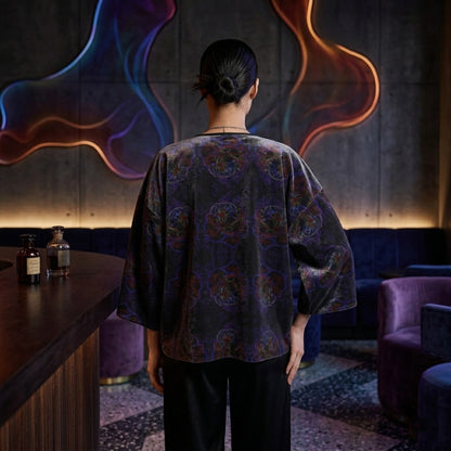 Rear view of the Nocturnal Sanctuary Silk Satin Wrap Kimono Jacket, highlighting the continuous floral embosses design and relaxed drape on a model.