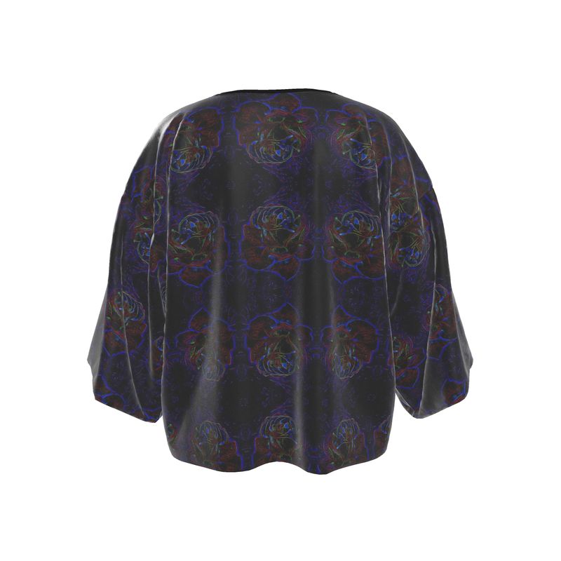 Back studio view of the Silk Satin Wrap Kimono Jacket, showcasing the symmetrical floral patterns and premium satin texture of the Nocturnal Sanctuary piece.