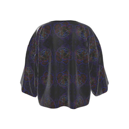Back studio view of the Silk Satin Wrap Kimono Jacket, showcasing the symmetrical floral patterns and premium satin texture of the Nocturnal Sanctuary piece.