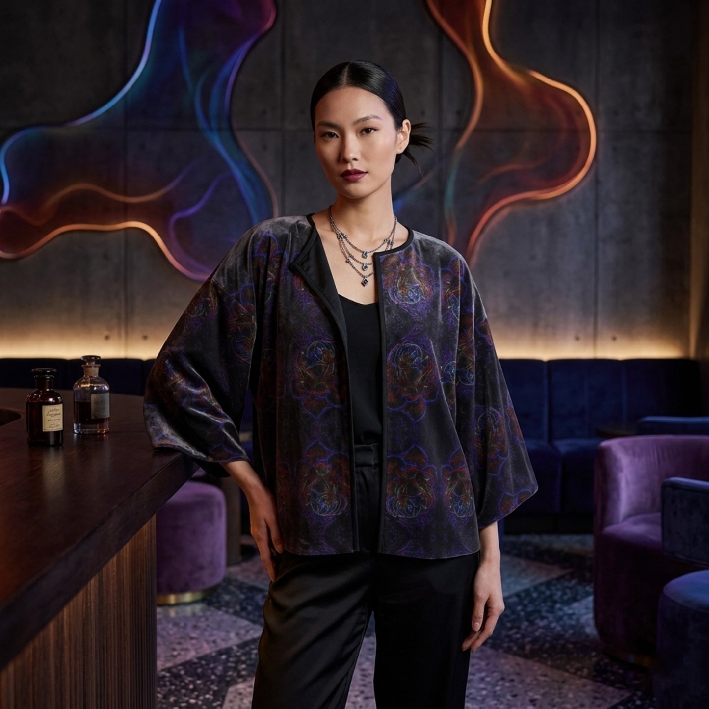 A woman wearing the Floral Embosses (01) Silk Satin Wrap Kimono Jacket in a moody lounge setting. The jacket features dark floral patterns with neon accents.