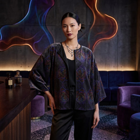 A woman wearing the Floral Embosses (01) Silk Satin Wrap Kimono Jacket in a moody lounge setting. The jacket features dark floral patterns with neon accents.