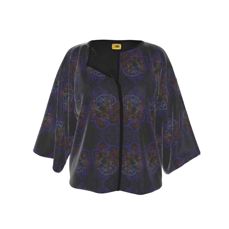Front studio shot of the Nocturnal Sanctuary Silk Satin Wrap Kimono Jacket against a white background, showing the open-front design and wide sleeves.