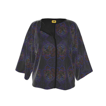 Front studio shot of the Nocturnal Sanctuary Silk Satin Wrap Kimono Jacket against a white background, showing the open-front design and wide sleeves.