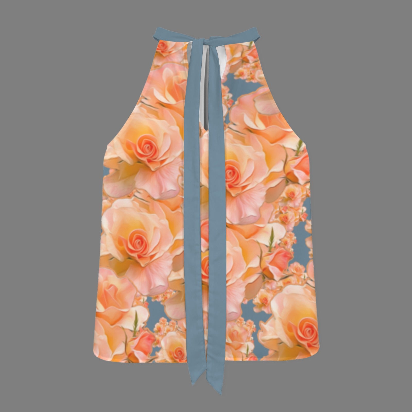 Flat product view of the back of the Apricot Bloom blouse, showcasing the halter neckline design and long blue ribbon ties against a gray background.