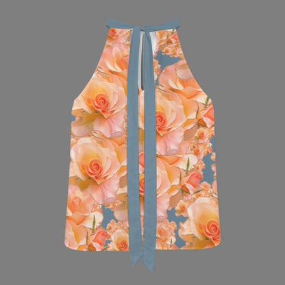 Flat product view of the back of the Apricot Bloom blouse, showcasing the halter neckline design and long blue ribbon ties against a gray background.
