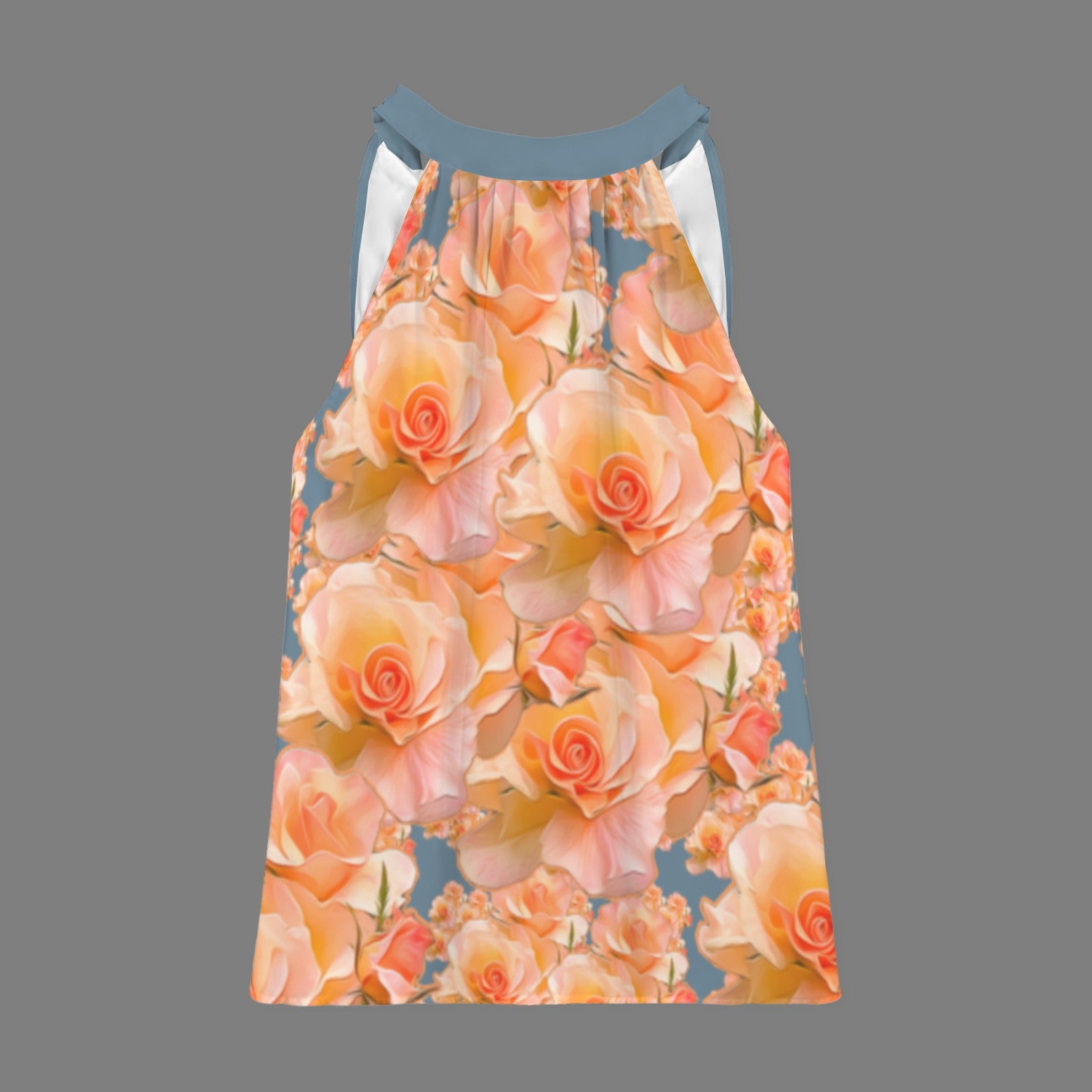 Product view of the Apricot Bloom mock-neck blouse, showcasing the sleeveless cut and dense pattern of soft orange roses on a blue base.