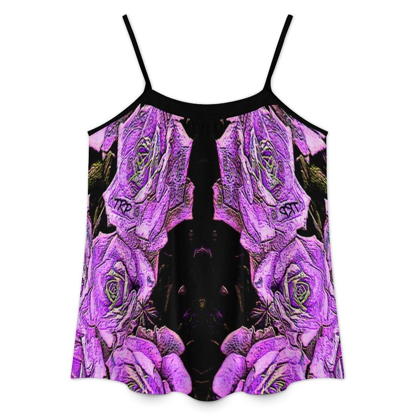 Product shot showing the back design of the Argaman purple floral tank top with a straight neckline.