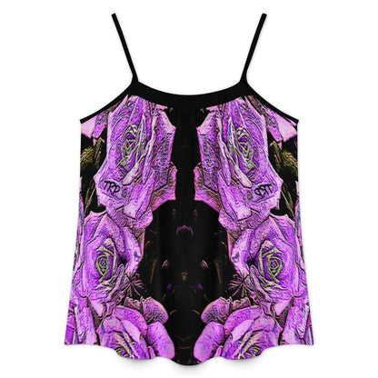 Product shot showing the back design of the Argaman purple floral tank top with a straight neckline.