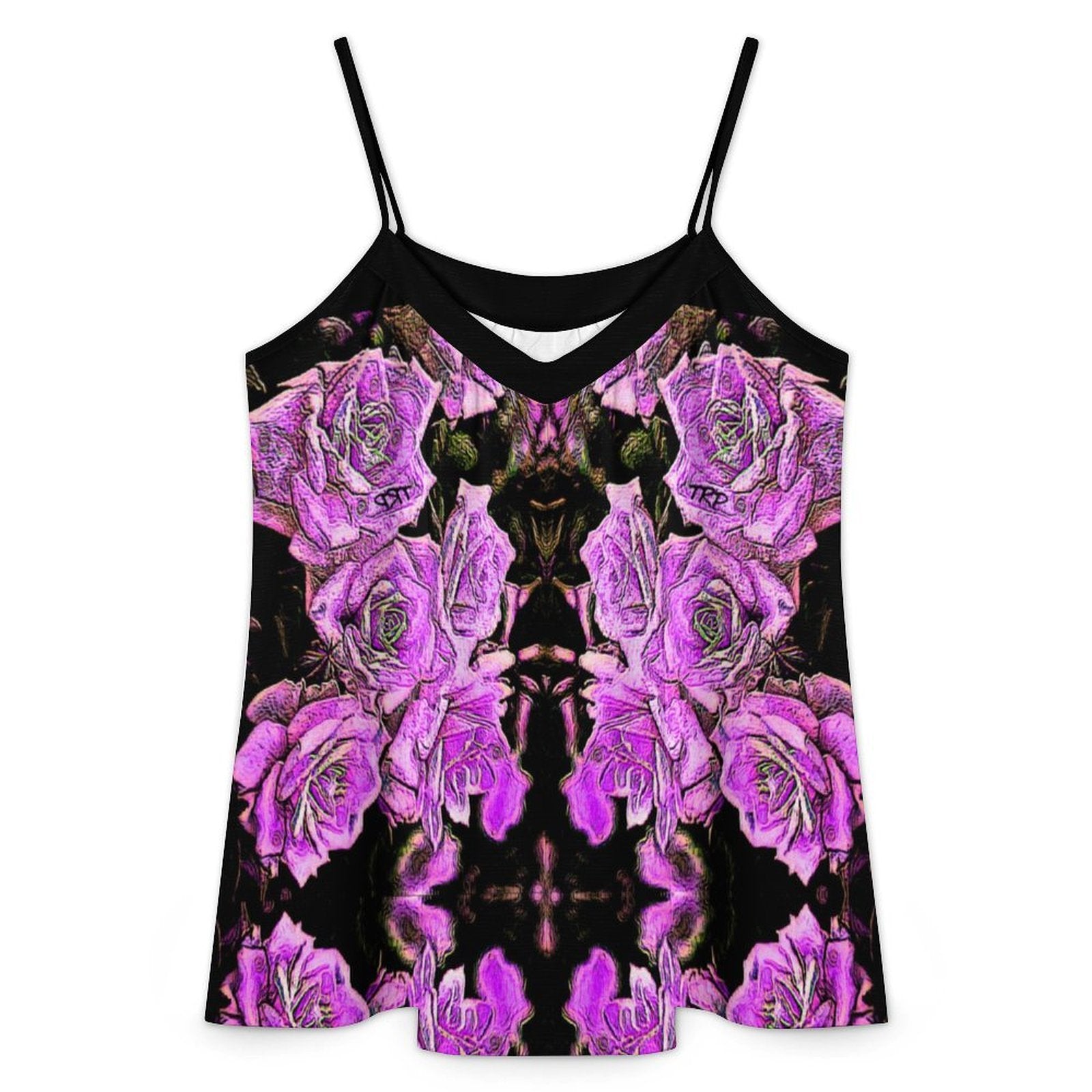 Product shot of the Argaman spaghetti strap V-neck tank top showing its symmetrical purple floral embossed print.