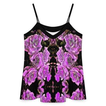 Product shot of the Argaman spaghetti strap V-neck tank top showing its symmetrical purple floral embossed print.