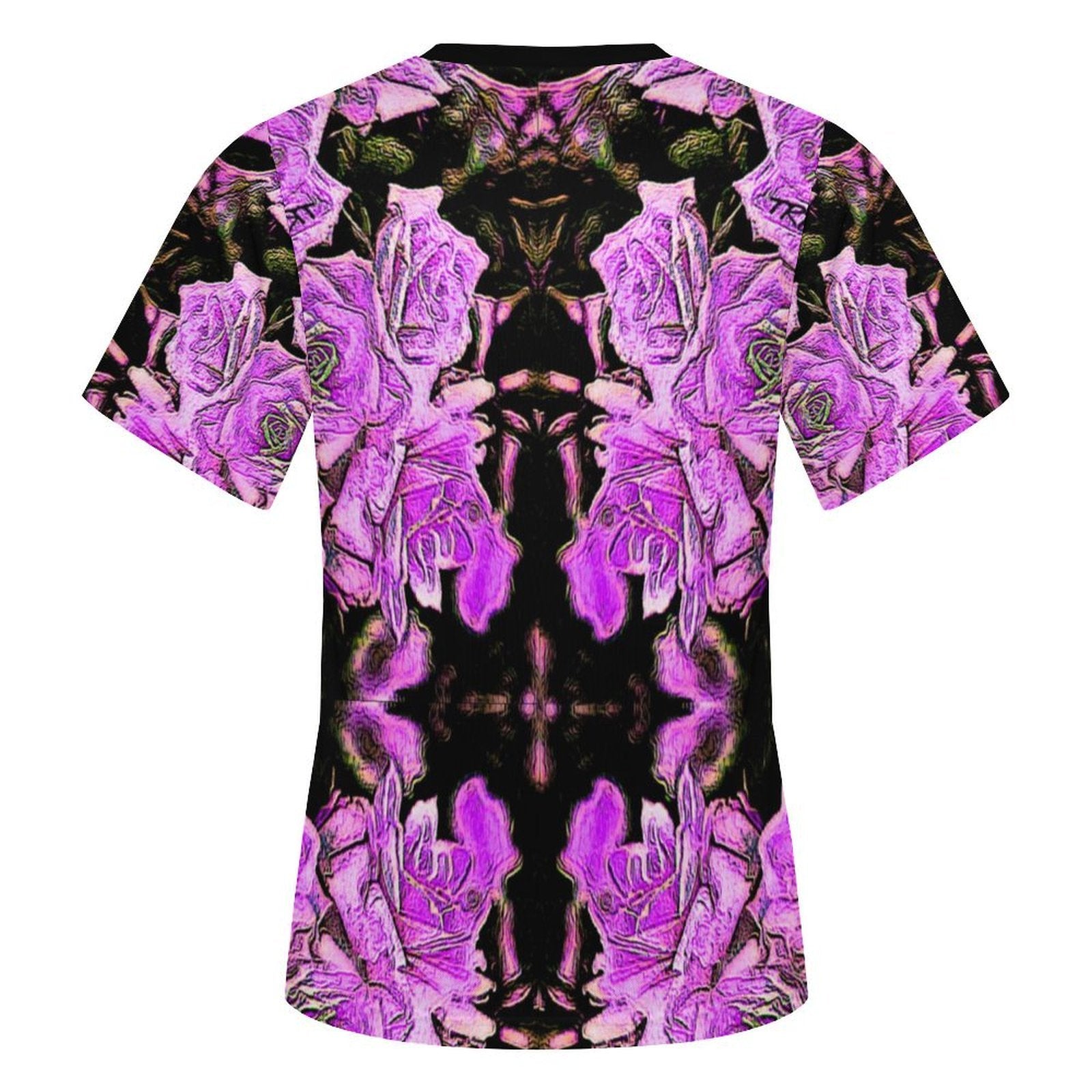 Rear product view of the Floral Embosses Argaman women's slim-fit t-shirt against a white background, displaying the full mirrored purple rose print.