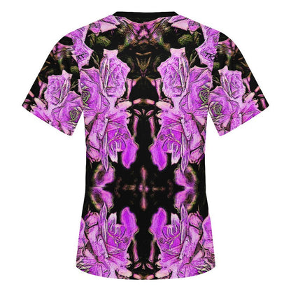 Rear product view of the Floral Embosses Argaman women's slim-fit t-shirt against a white background, displaying the full mirrored purple rose print.
