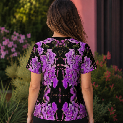 Back view of a model wearing the Floral Embosses Argaman sheer t-shirt, showcasing the continuation of the purple abstract floral mirrored pattern.