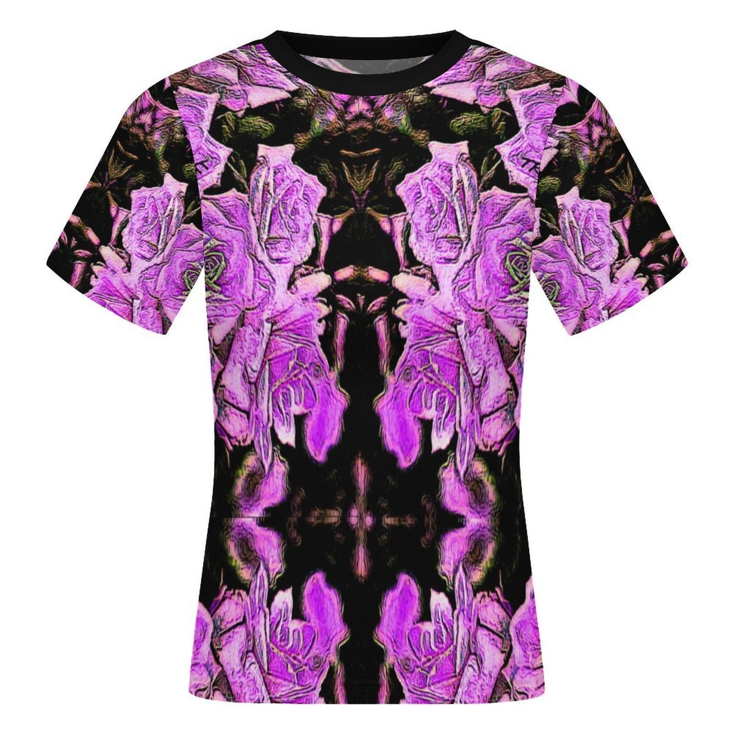 Front product shot of the Women's Slim-Fit Sheer T-Shirt in Floral Embosses Argaman design, showcasing the vibrant purple embossed rose pattern.