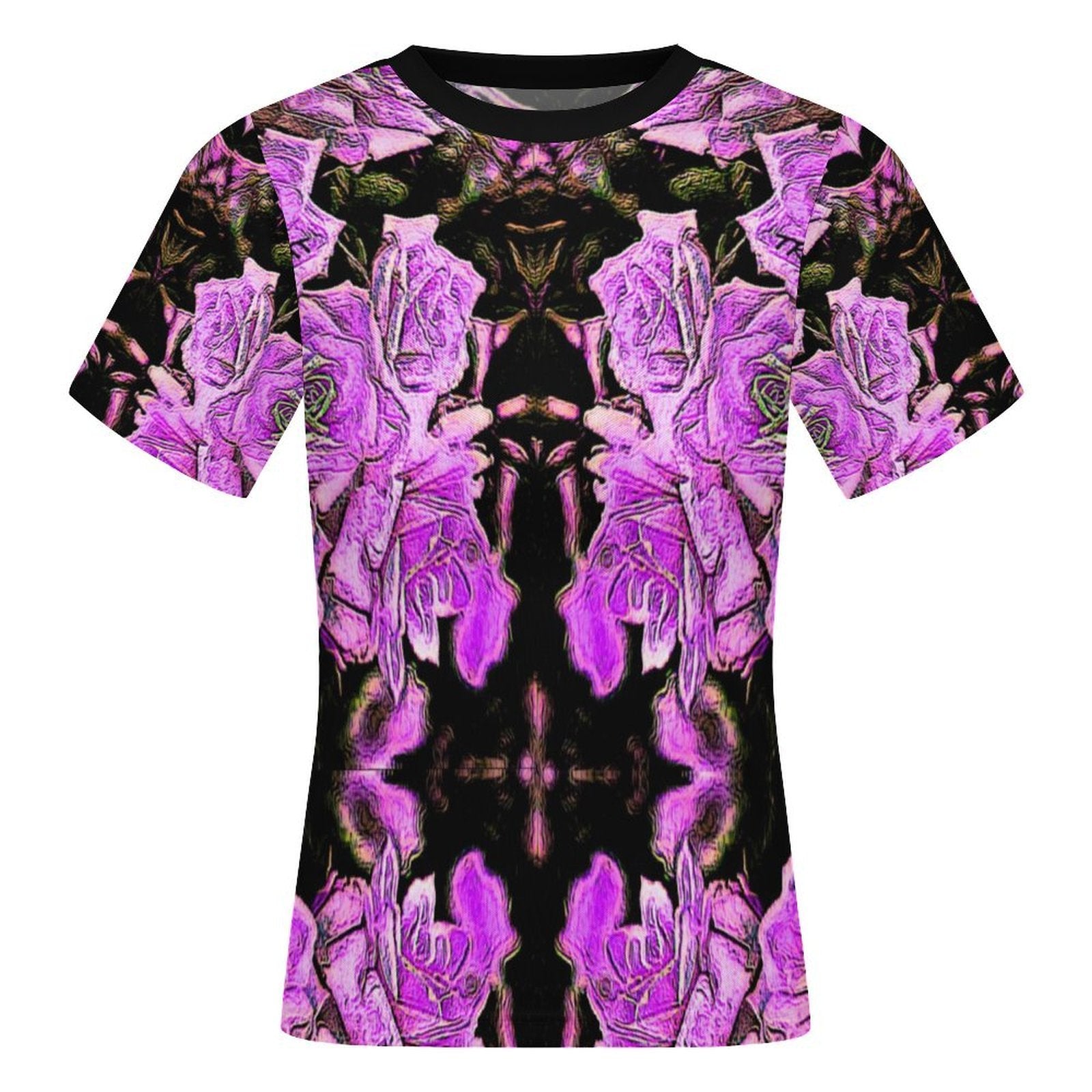 Front product shot of the Women's Slim-Fit Sheer T-Shirt in Floral Embosses Argaman design, showcasing the vibrant purple embossed rose pattern.