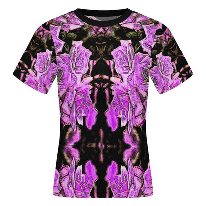 Front product shot of the Women's Slim-Fit Sheer T-Shirt in Floral Embosses Argaman design, showcasing the vibrant purple embossed rose pattern.
