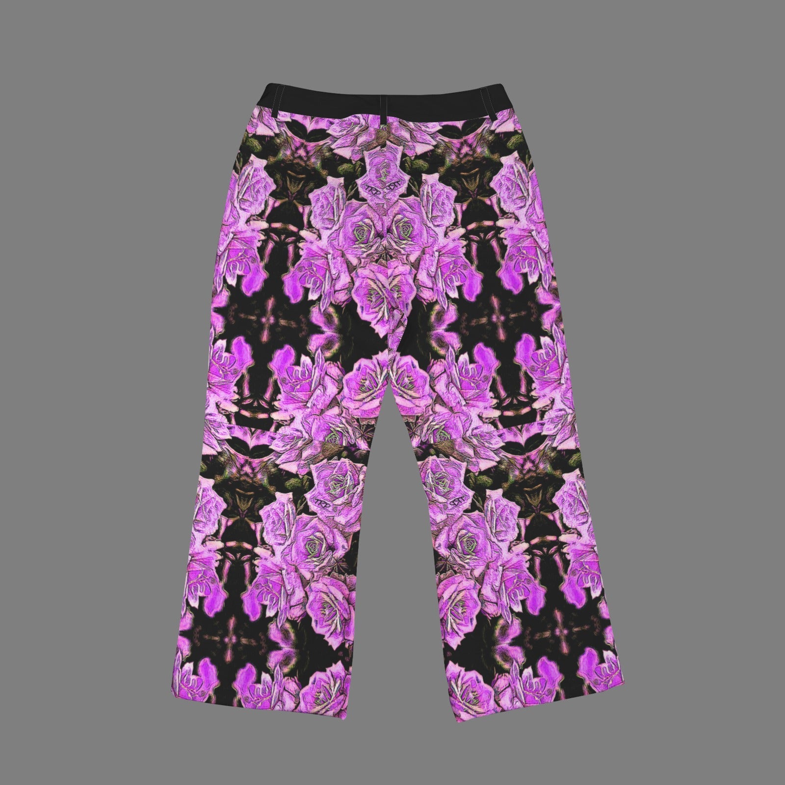 Back view flat lay of Argamon cropped flare pants featuring a noble purple floral reflection pattern and a structured black waistband.