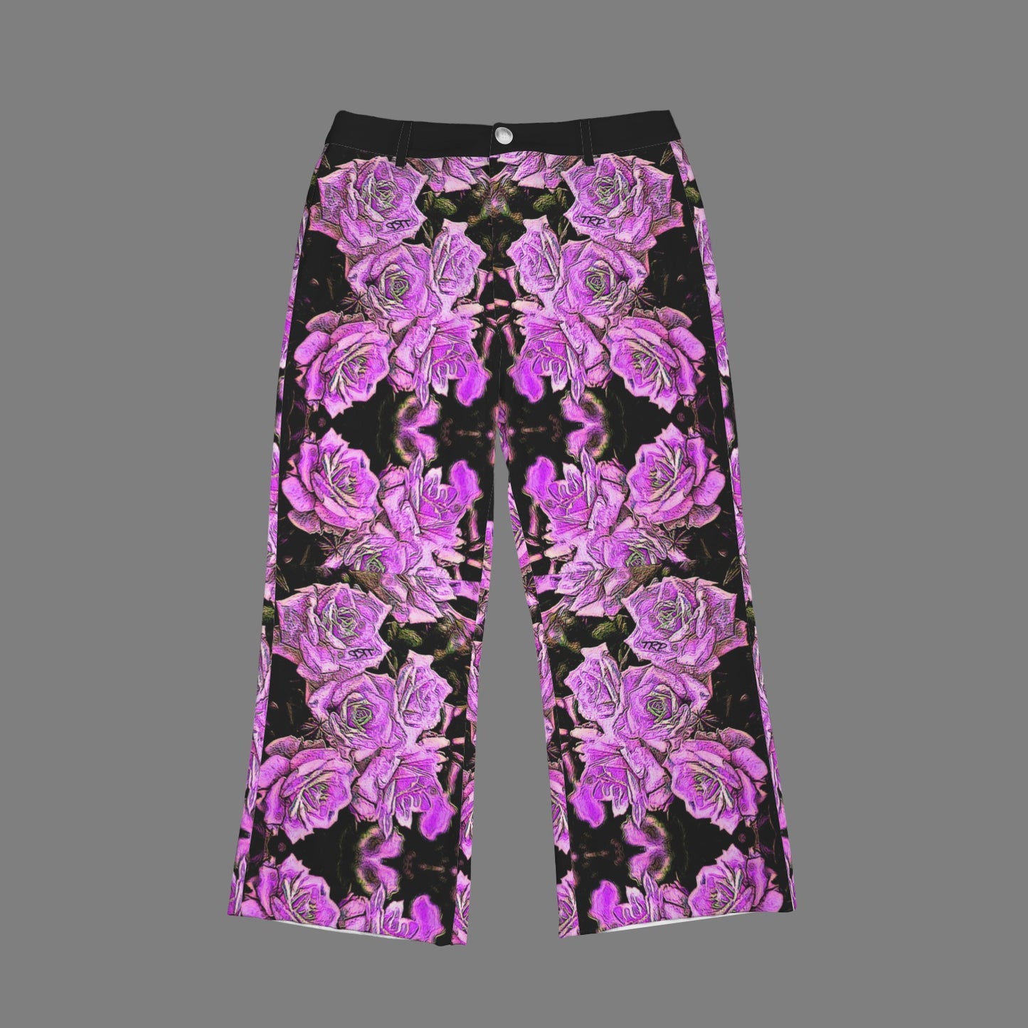 Front view flat lay of Argamon high-rise cropped pocket flare pants showing a symmetrical purple rose embossed design on a black background.