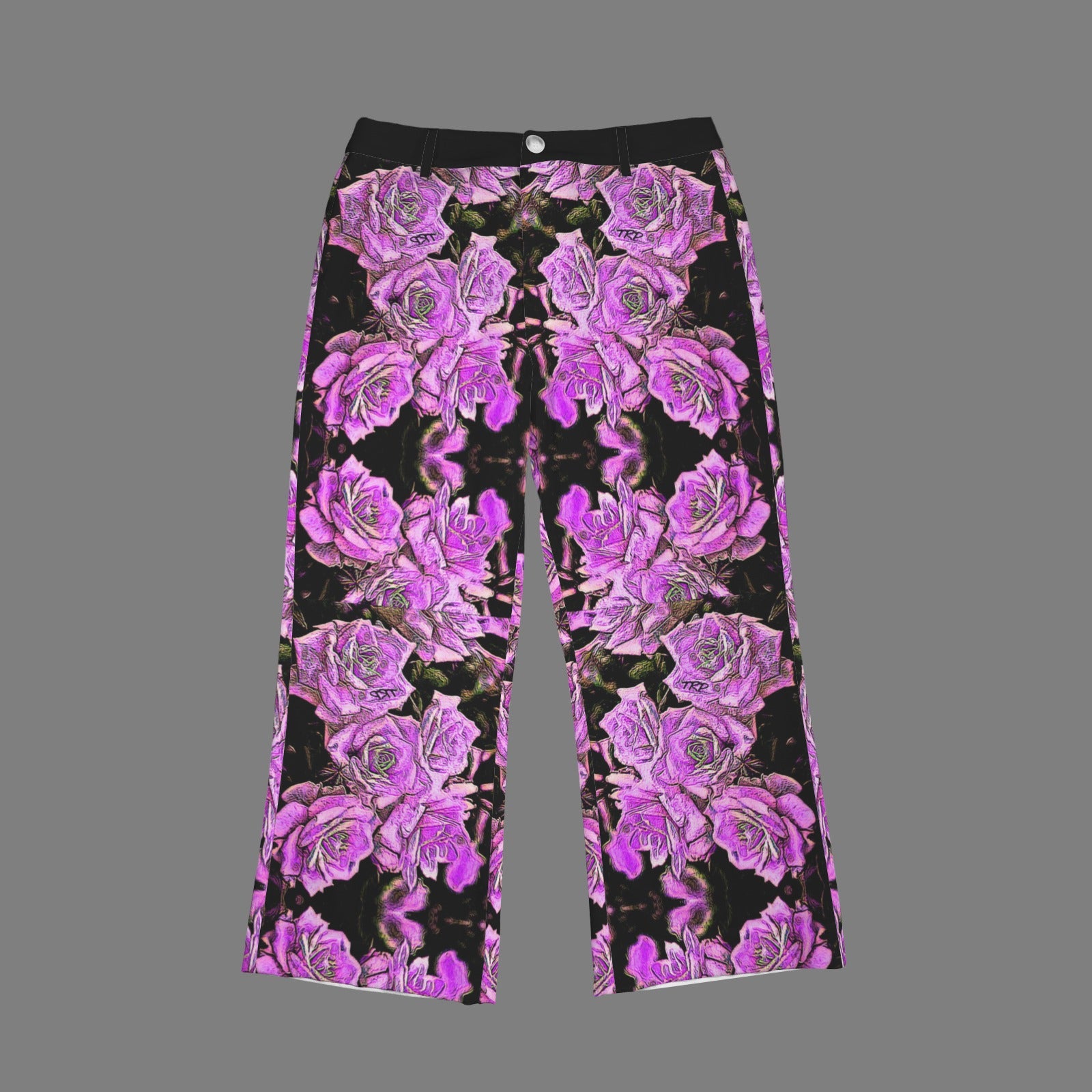 Front view flat lay of Argamon high-rise cropped pocket flare pants showing a symmetrical purple rose embossed design on a black background.