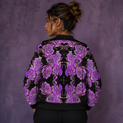 Back view of a woman showcasing the symmetrical purple rose pattern on the Argamon noble reflection bomber jacket.