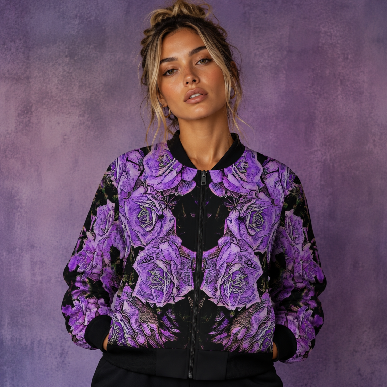 Front view of a woman wearing the Argamon purple floral bomber jacket against a textured purple background.