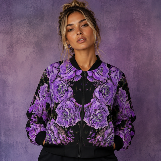 Front view of a woman wearing the Argamon purple floral bomber jacket against a textured purple background.